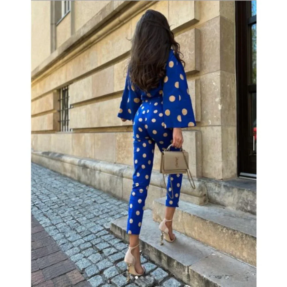 Zara 2 Piece Pants Set And Top Blue White Polka Dot NWT