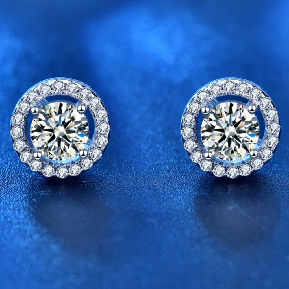 Certified 1ct. t.w. Diamond Moissanite Round Halo Stud Earrings NEW
