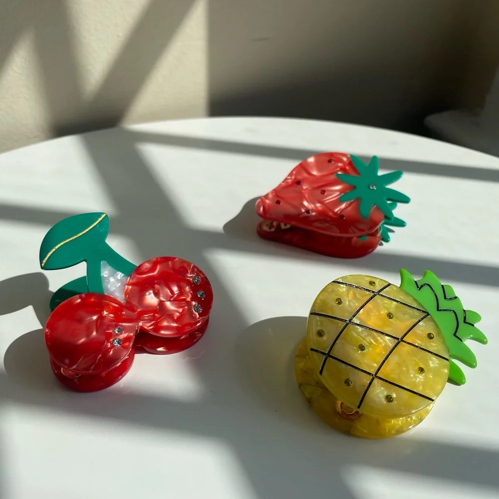 Cherry Pineapple and Strawberry Fruit Acrylic Rhinestone Hair Clips NWOT