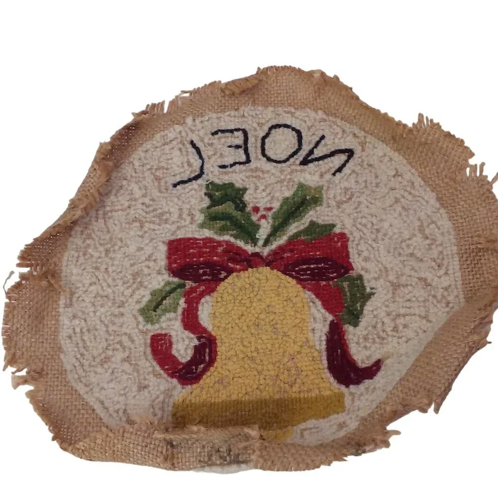 Vintage 80s Handmade Tapestry Needlework Christmas Decor NOEL Bell Needs Blocked