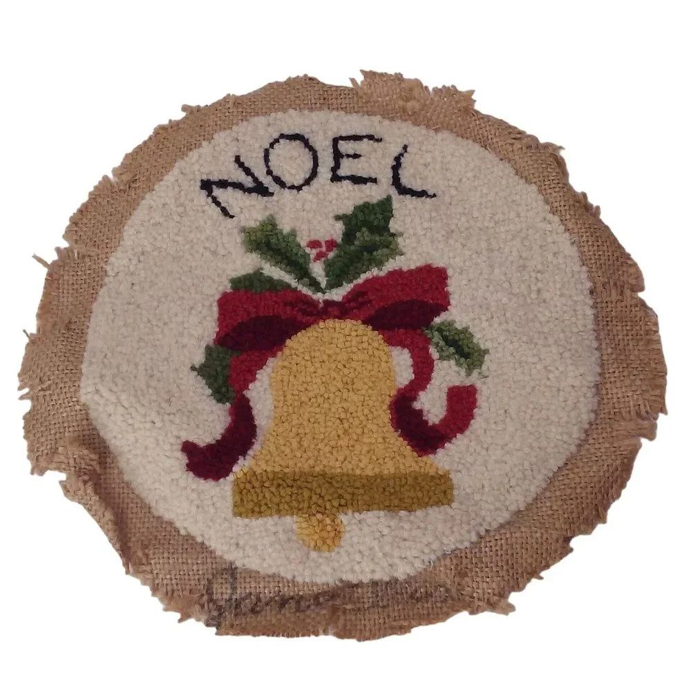 Vintage 80s Handmade Tapestry Needlework Christmas Decor NOEL Bell Needs Blocked