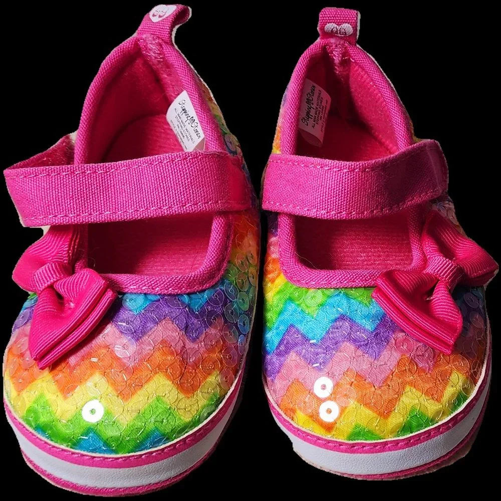 Stepping Stones Rainbow sequin baby crib shoes with bows Infant size 4