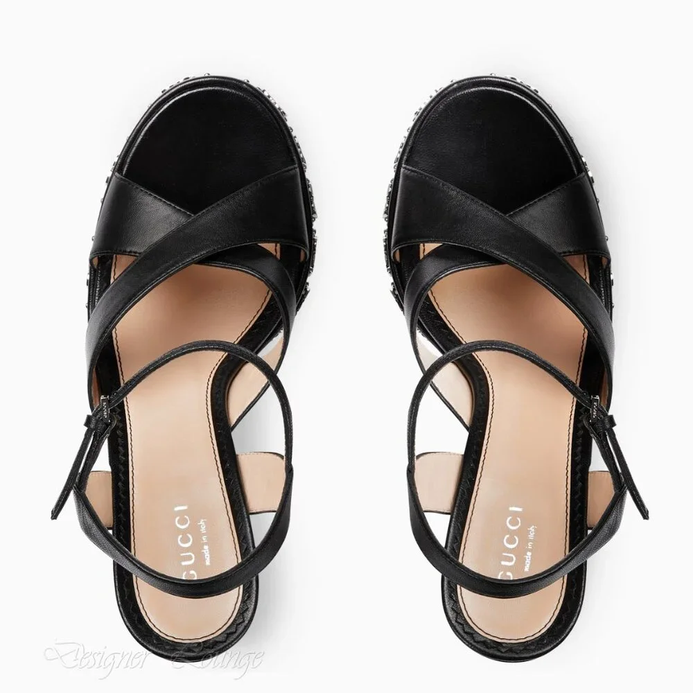 NEW GUCCI Janaya Interlocking G Studs Black Leather Platform Sandals 38.5 US 8.5