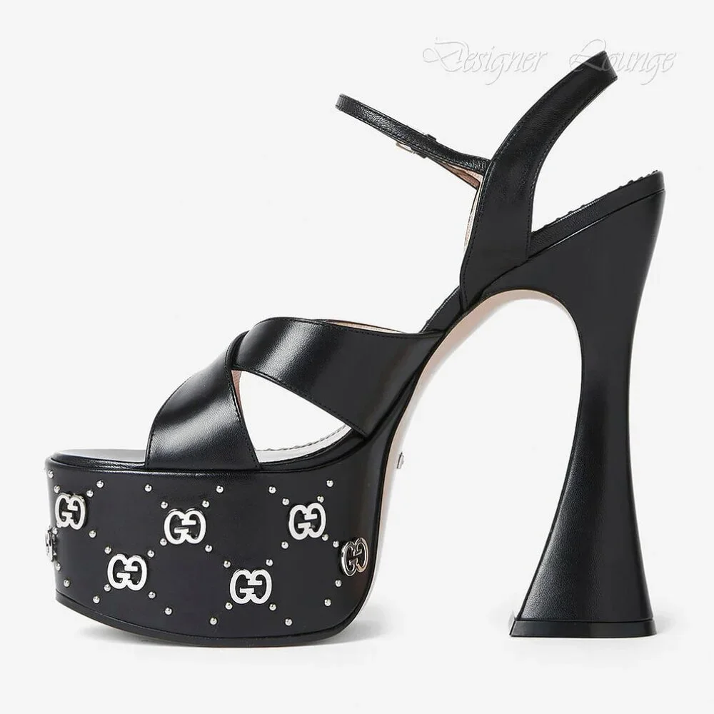 NEW GUCCI Janaya Interlocking G Studs Black Leather Platform Sandals 38.5 US 8.5