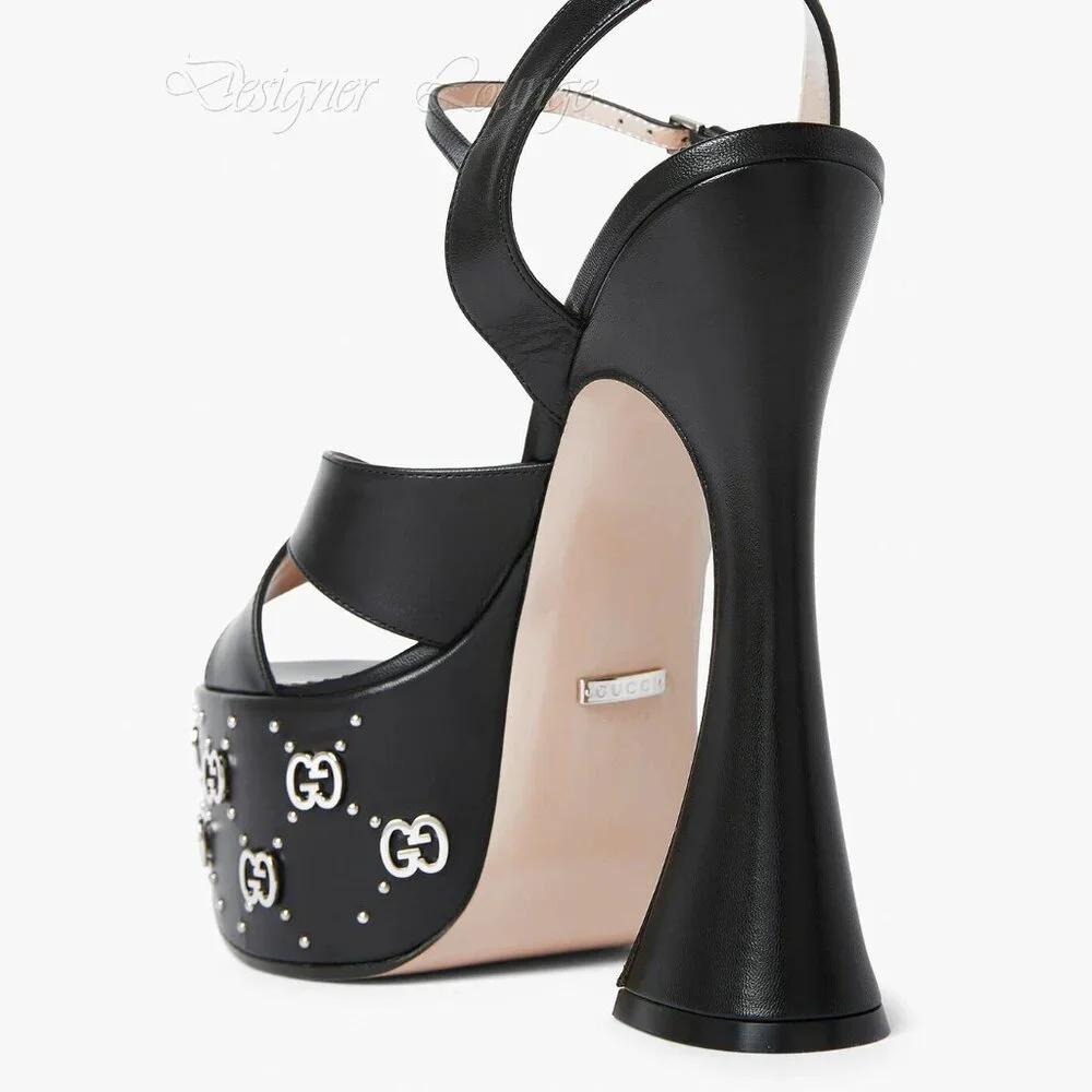 NEW GUCCI Janaya Interlocking G Studs Black Leather Platform Sandals 38.5 US 8.5