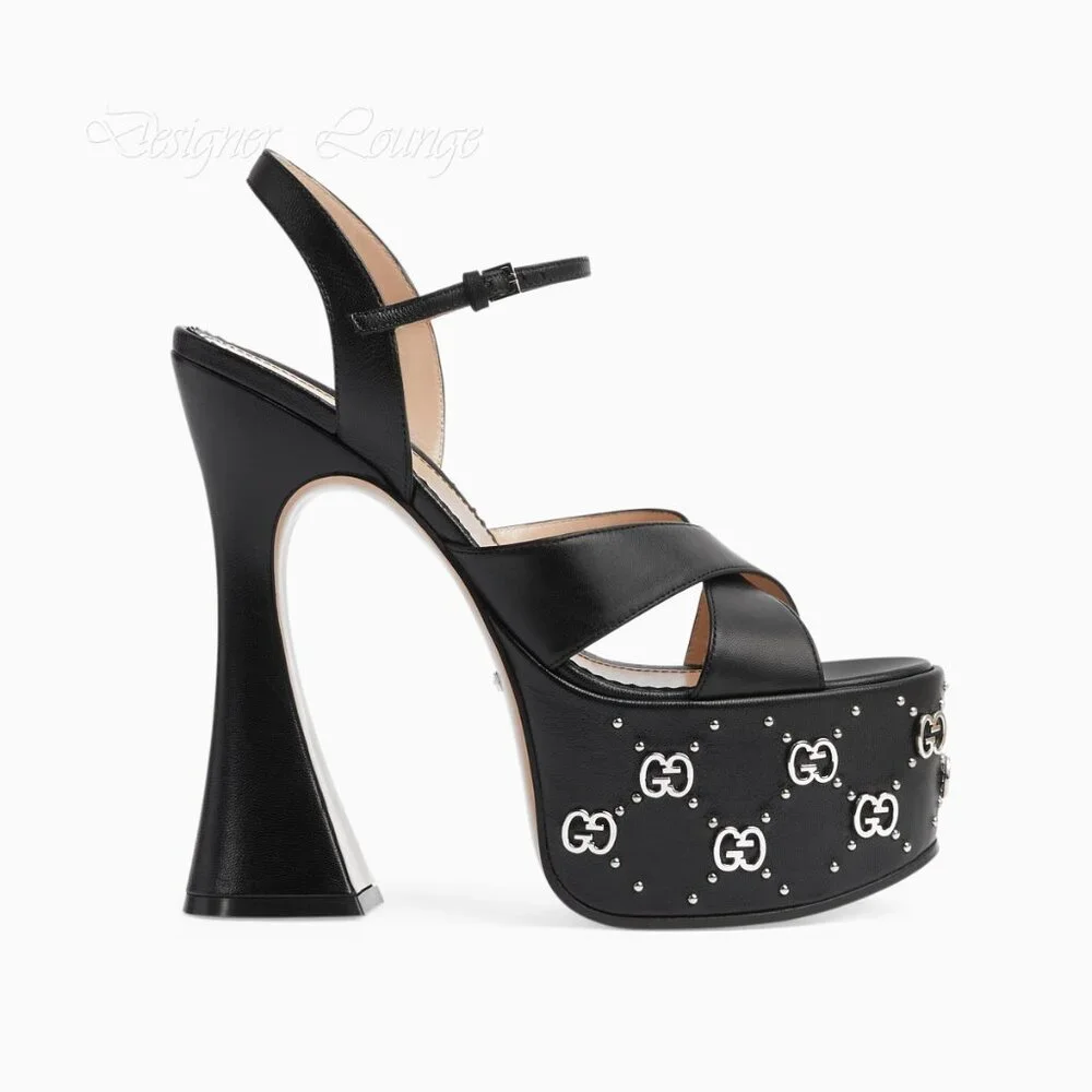 NEW GUCCI Janaya Interlocking G Studs Black Leather Platform Sandals 38.5 US 8.5