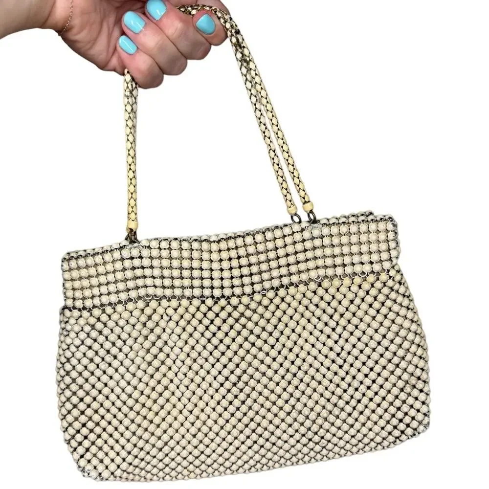 Vintage 40's Whiting & Davis Alumesh Handbag Purse Cream Beaded Evening Bag