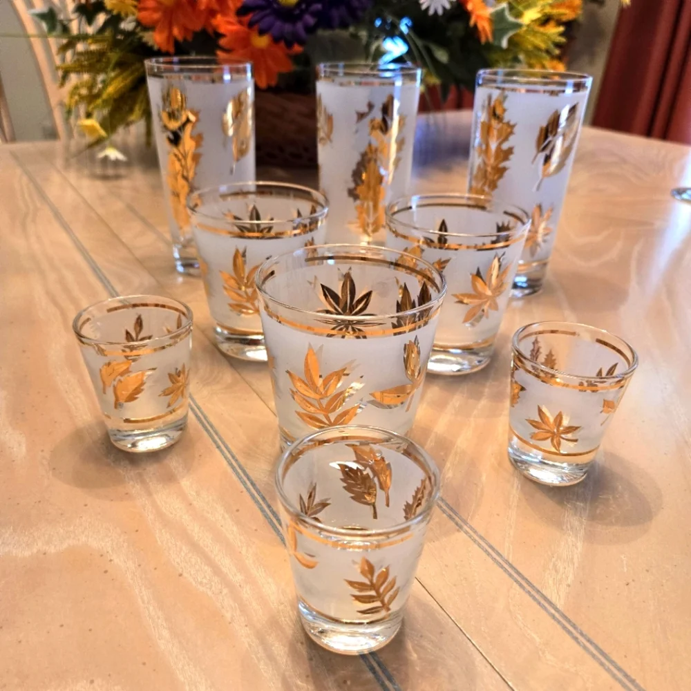 Vintage Gold Leaf 3-3-3 Bar Glasses Set, 3 Tumbler, 3 Highball, 3 Shot Glasses