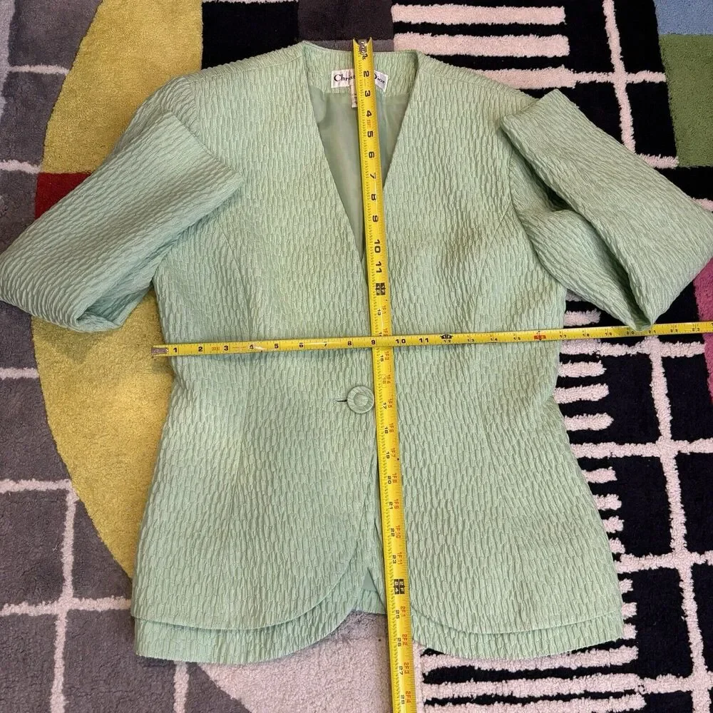 Vintage Christian Dior Blazer Jacket Wmns 8 Made In USA Silk Trim Mint Green 80s