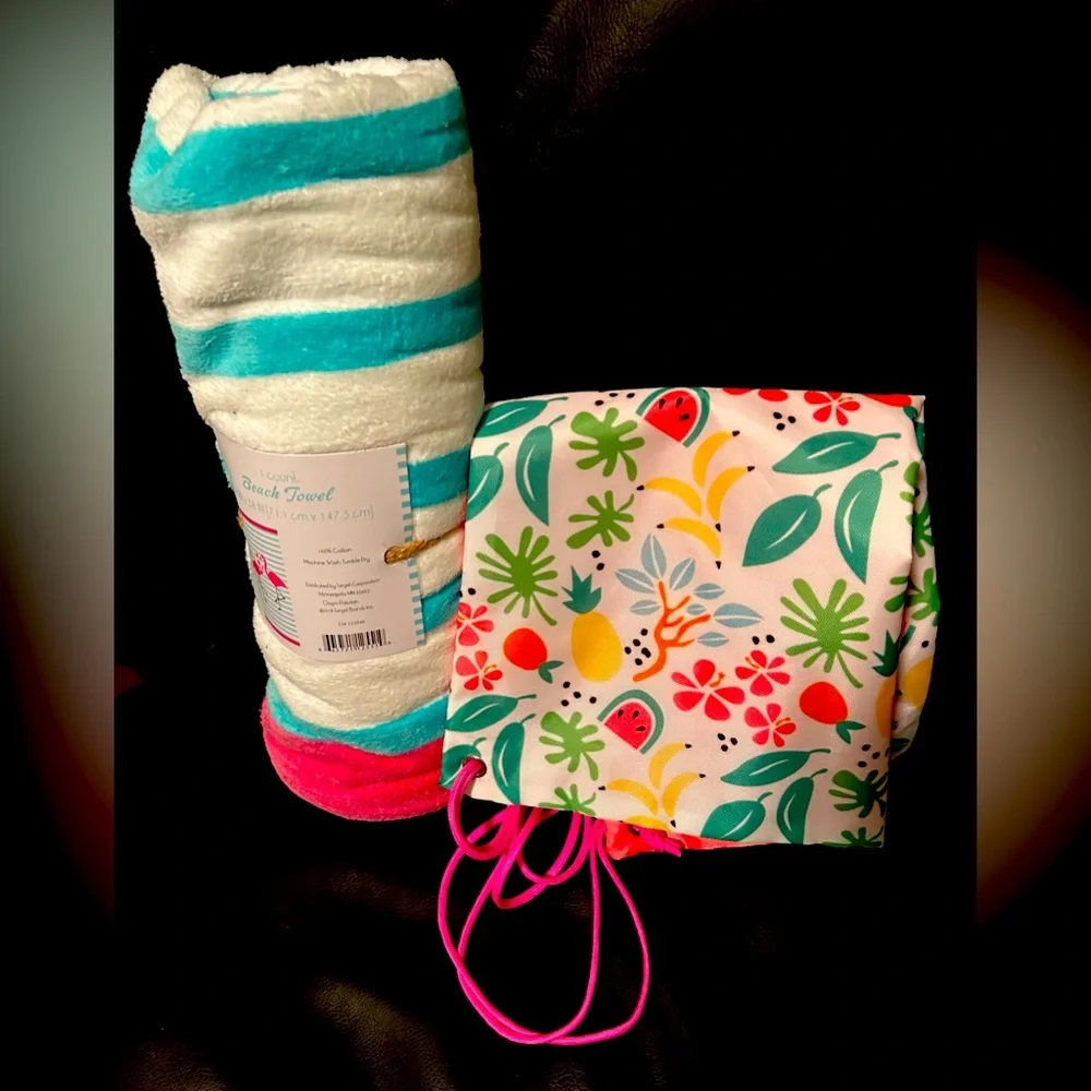 Brand new with tags two piece beach towel set with sling bag in pink