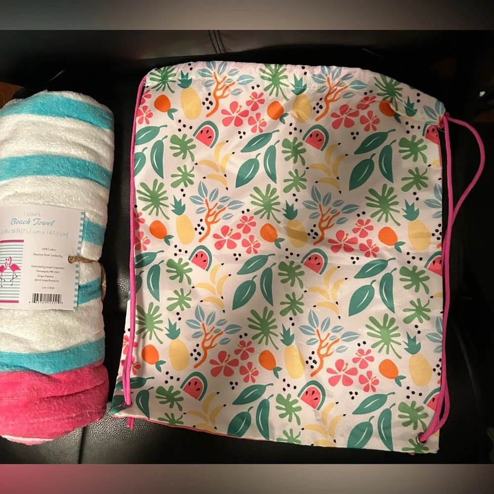 Brand new with tags two piece beach towel set with sling bag in pink
