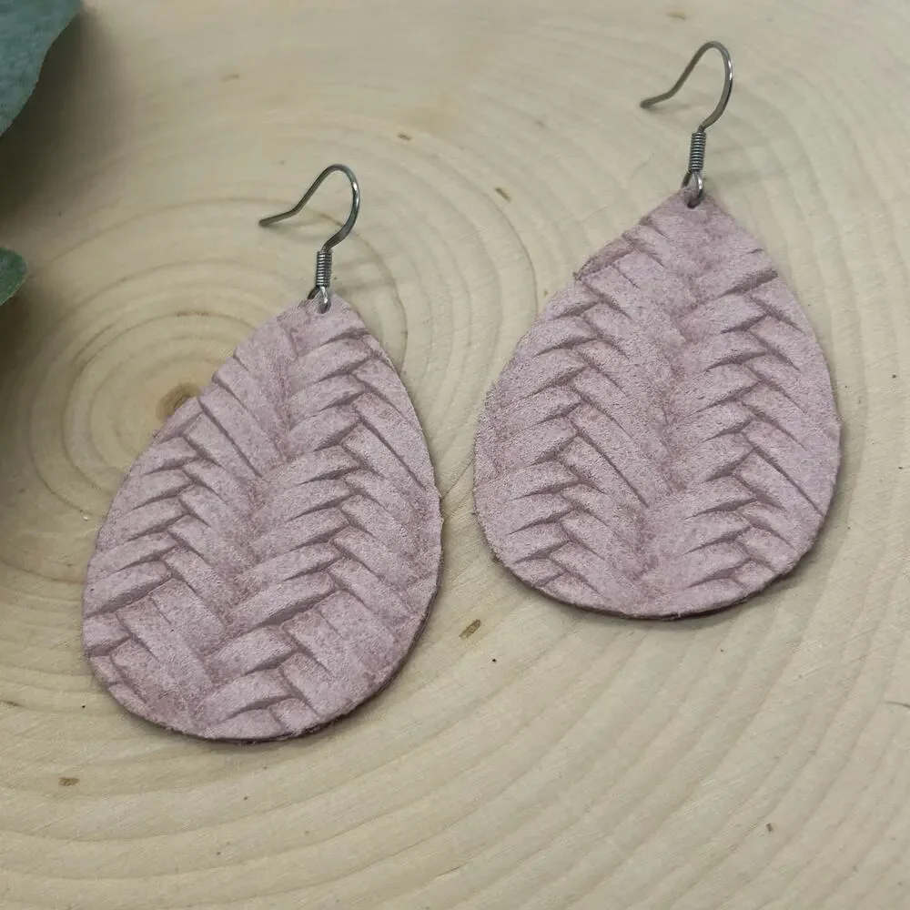 5/$25 Genuine Leather Braided Fishtail Rose Pink Teardrop Earrings