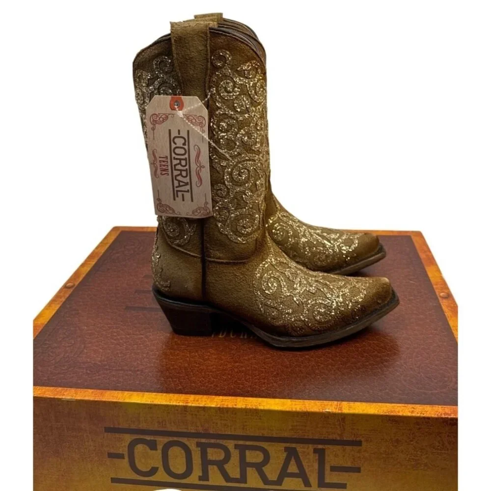 CORRAL Youth Embroidery & Tan Overlay Studs Boots T0135 Size 2.5