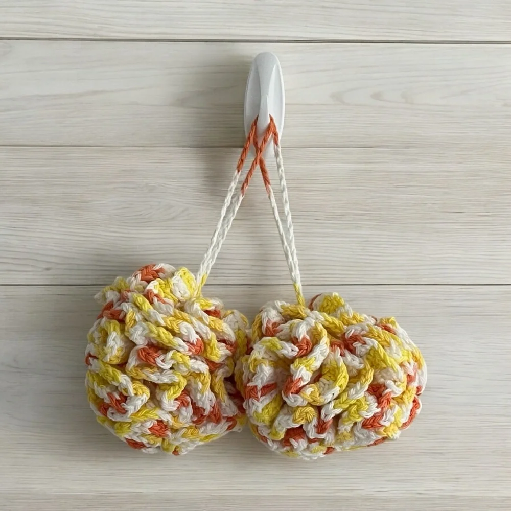 Set of 2 Crochet Yellow/Orange/White Eco-Friendly Bath Loofahs with Hanging Loop