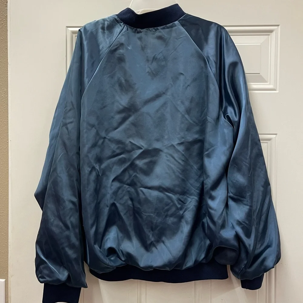 Vintage Cardinal Made In The USA Blue Satin Snap Front Bomber Jacket XL