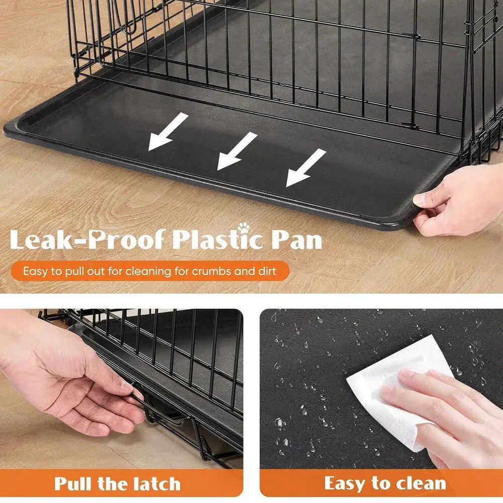Double Door Folding Metal Wire Dog Cage with Plastic Leak-Proof Pan Tray