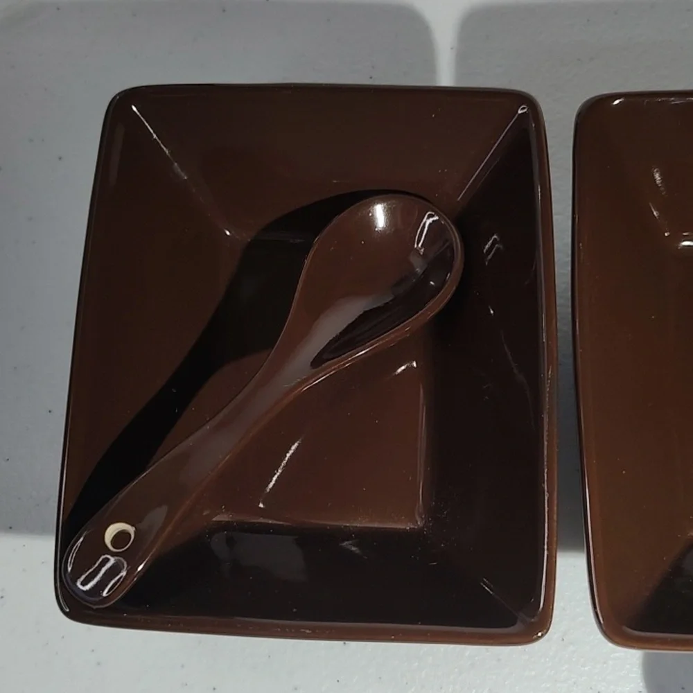 Longaberger Vitrified Pottery Set Of 3 Tasting Bowls  With Spoons In Chocolate
