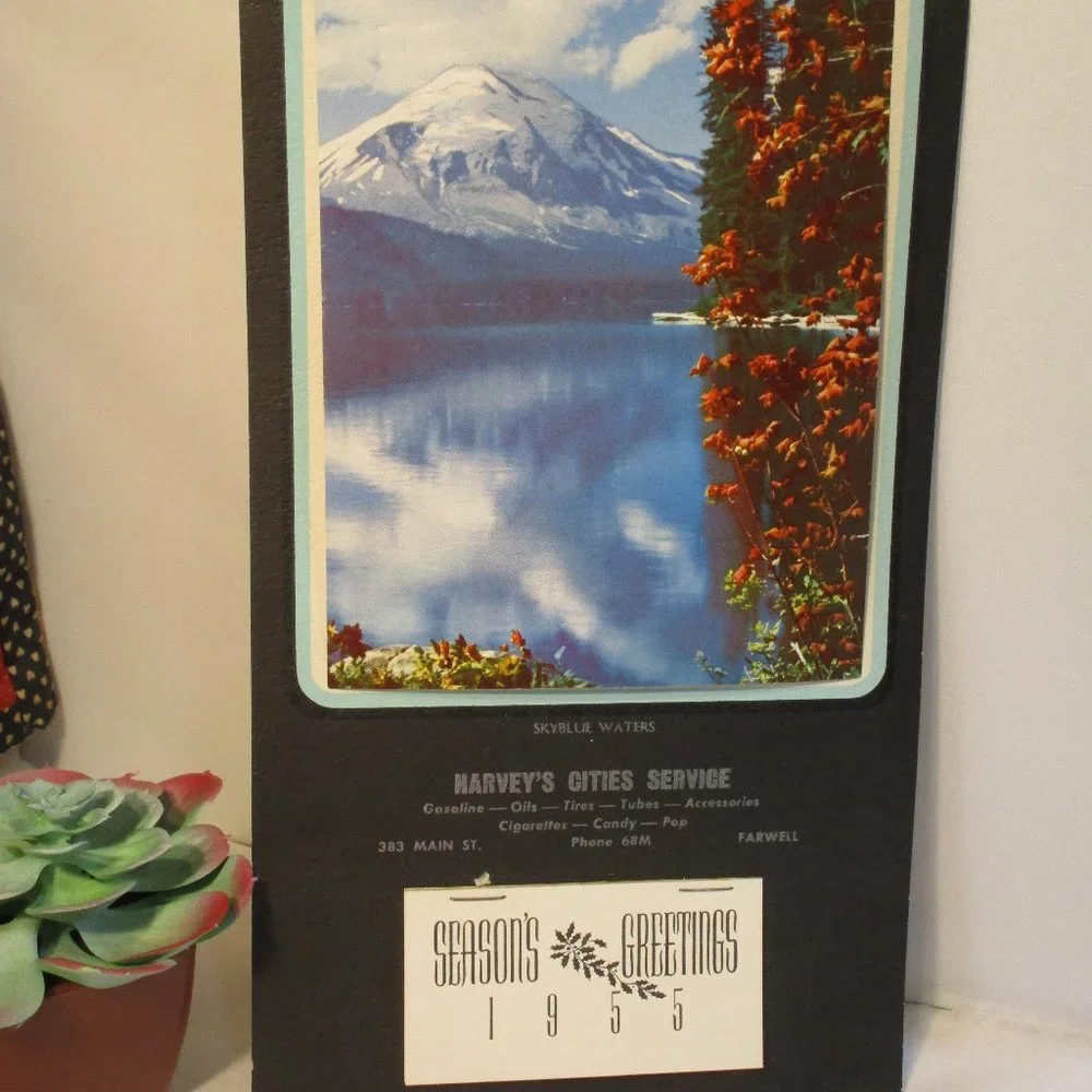Vintage 1955 Wall Calendar Farwell Mi Michigan Skyblue Waters Snowy Moun…