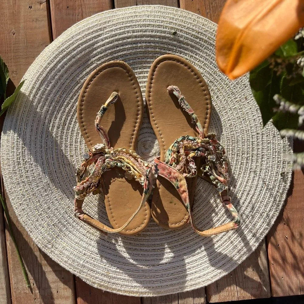 🔥4/$25 SARAH JAYNE GIRLS PEACH SHORE SANDALS FLORAL CHARM STRAPS