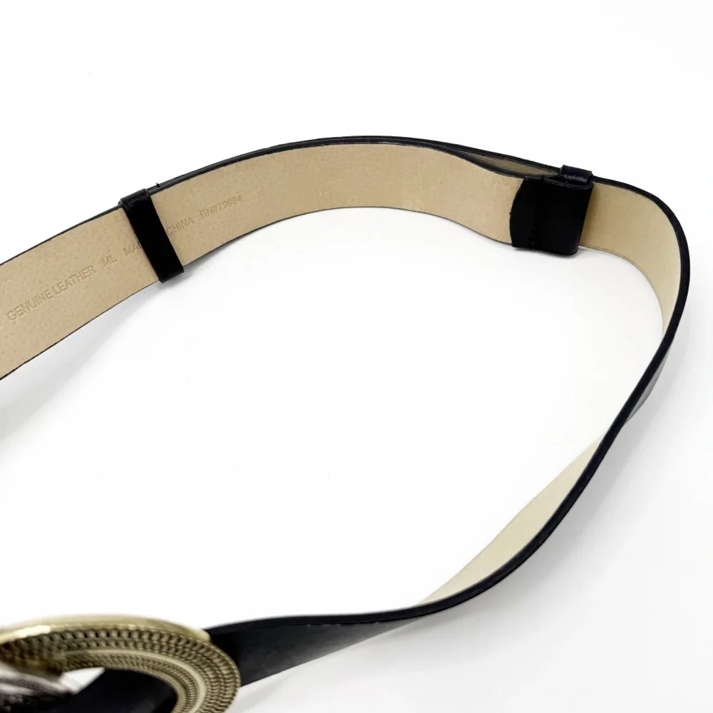 CHICO'S Large Oversized Buckle Two-Tone Adjustable Black Leather Belt M/L
