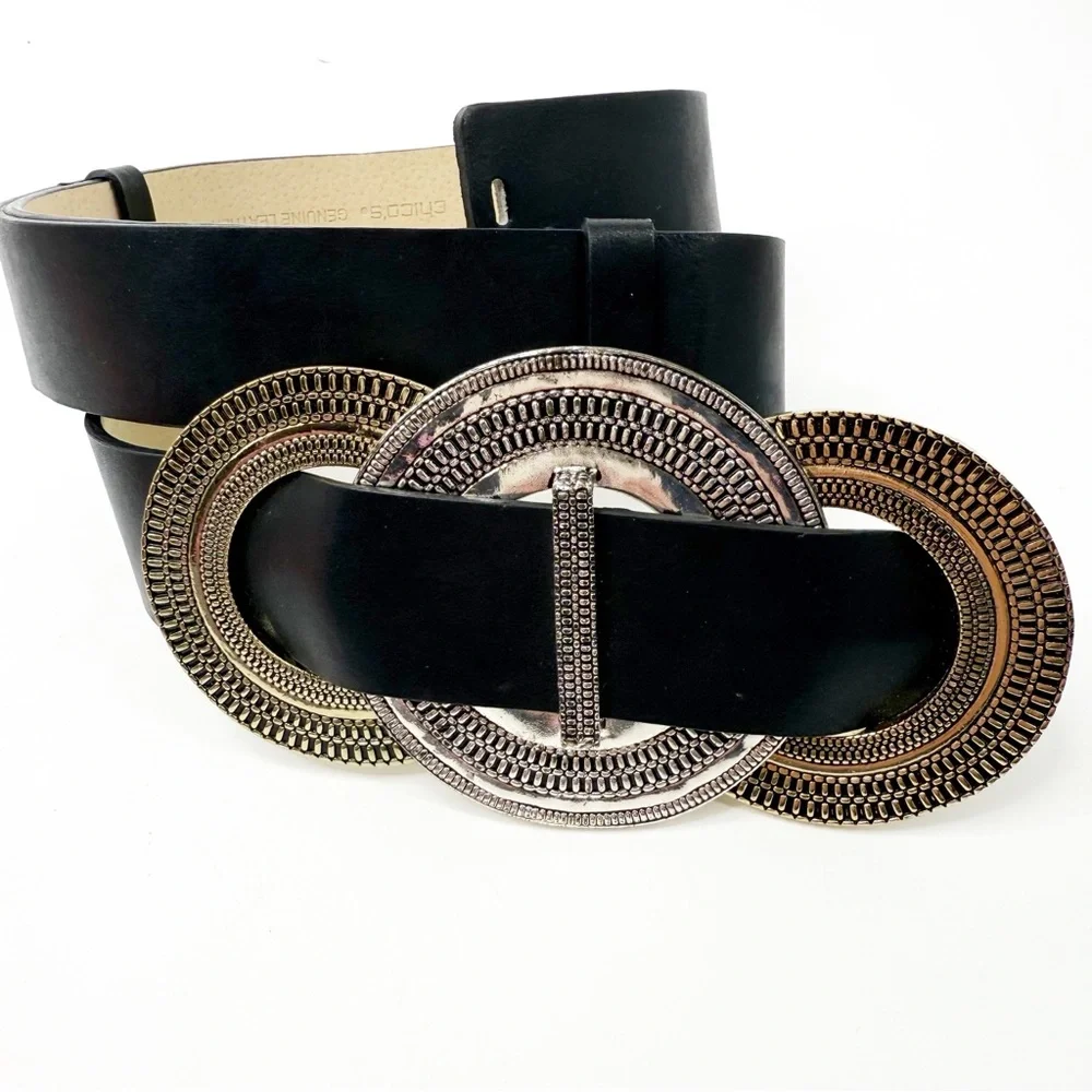 CHICO'S Large Oversized Buckle Two-Tone Adjustable Black Leather Belt M/L