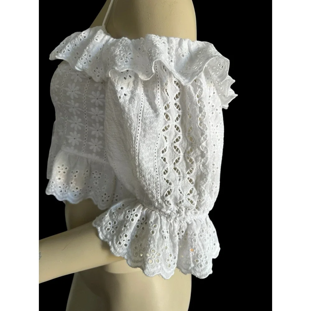 Women's Strappy Cropped Lace-Up Eyelet Peplum Top Blouse Boho Festival Delicate