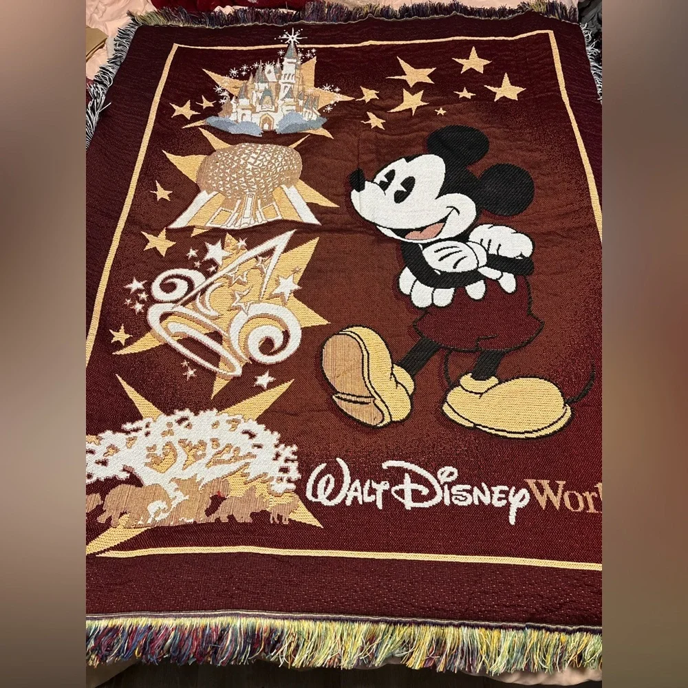 Disney World 25th Anniversary Mickey Mouse Tapestry Throw Blanket Woven 48x60