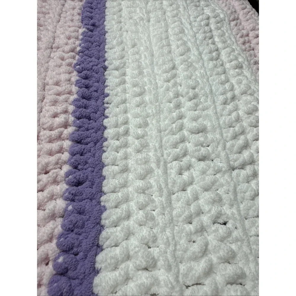 Stripe Pastel Baby Blanket White Pink Purple Chenille Knit Crochet Chunky 44X62