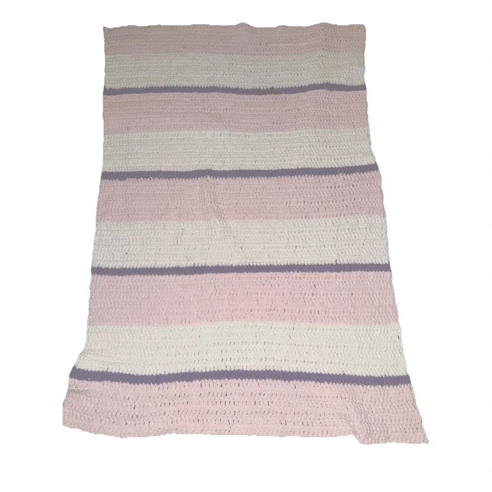 Stripe Pastel Baby Blanket White Pink Purple Chenille Knit Crochet Chunky 44X62