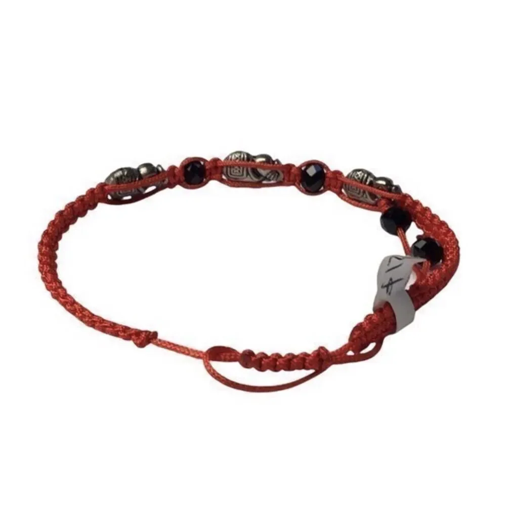 Lucky Elephant Bracelet Adjustable Sliding Knot Red Cord Black Silver Beads