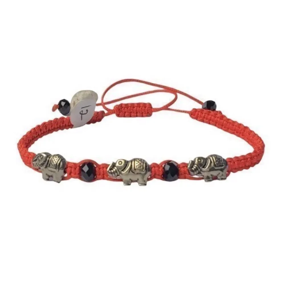 Lucky Elephant Bracelet Adjustable Sliding Knot Red Cord Black Silver Beads