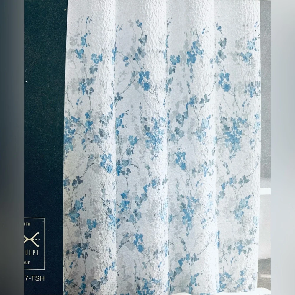 DKNY WALLFLOWER Microsculpt Fabric Shower Curtain Floral Shades Of Blue Gray New