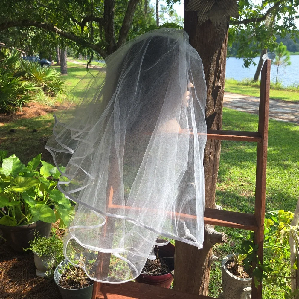 White Mesh Midi Length Veil With Satin Trim