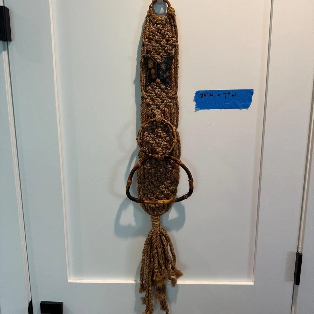 Vintage 70's Macrame Jute Wallhanging Towel Holder Boho MCM Faux Bamboo