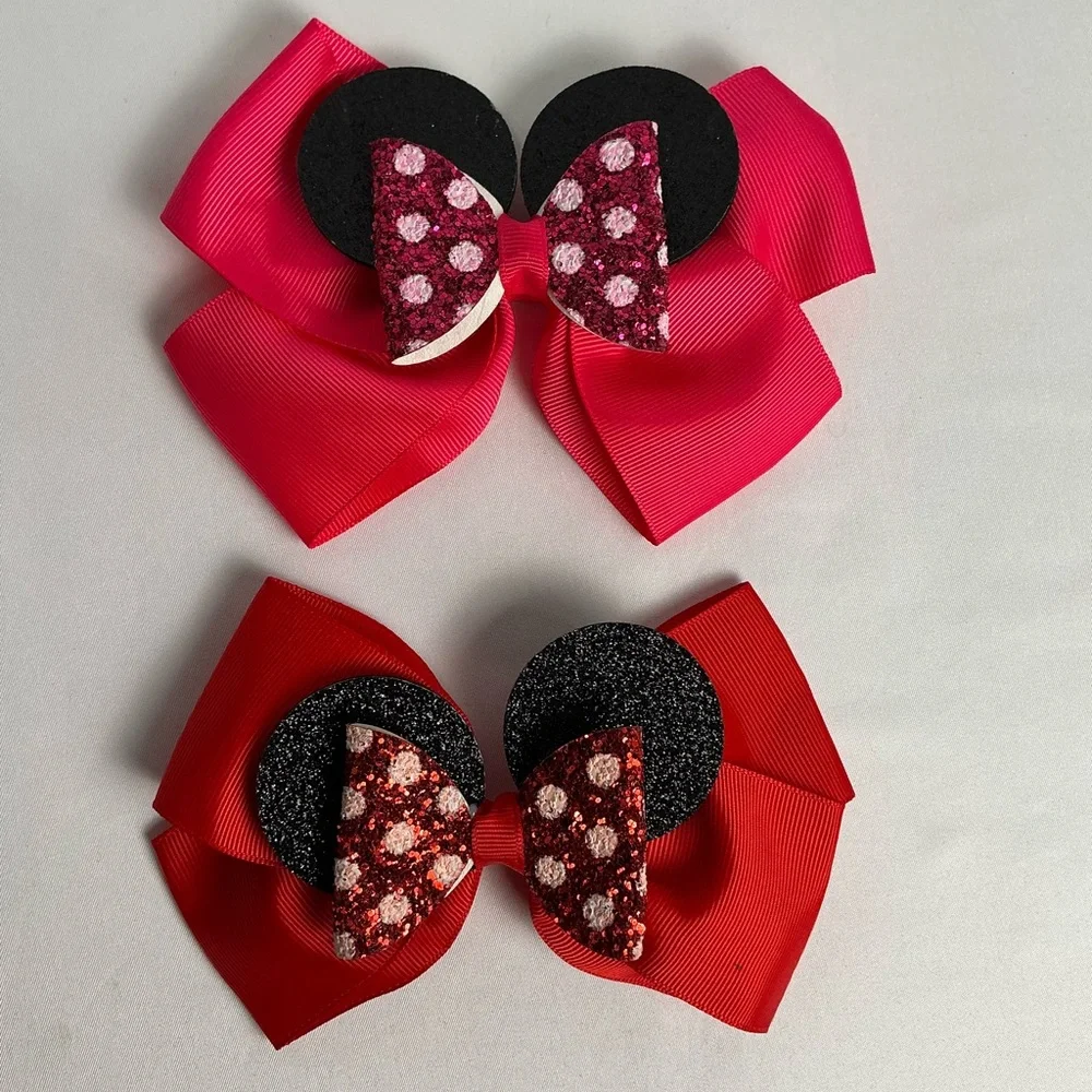 2 Mickey Mouse Ears Red and White Polka Dot Hair Bows
