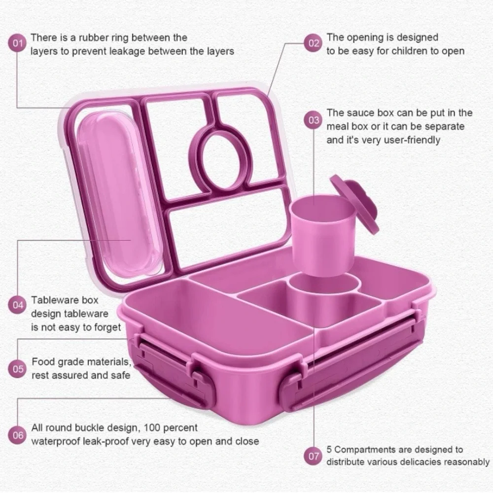 Amathley Bento Box With 5 Compartments For Lunches Adults, Kids, Purple BPA Free