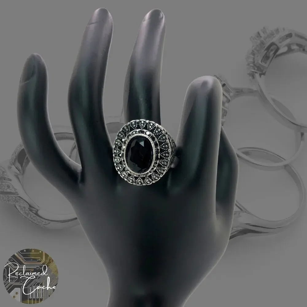 Silver and Black Rhinestone Statement Ring - Size 10