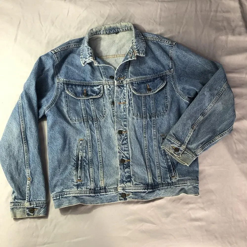 VTG 90s Denim Jacket Mens L Blue Jean Trucker Medium Wash Cotton Ranch Grunge