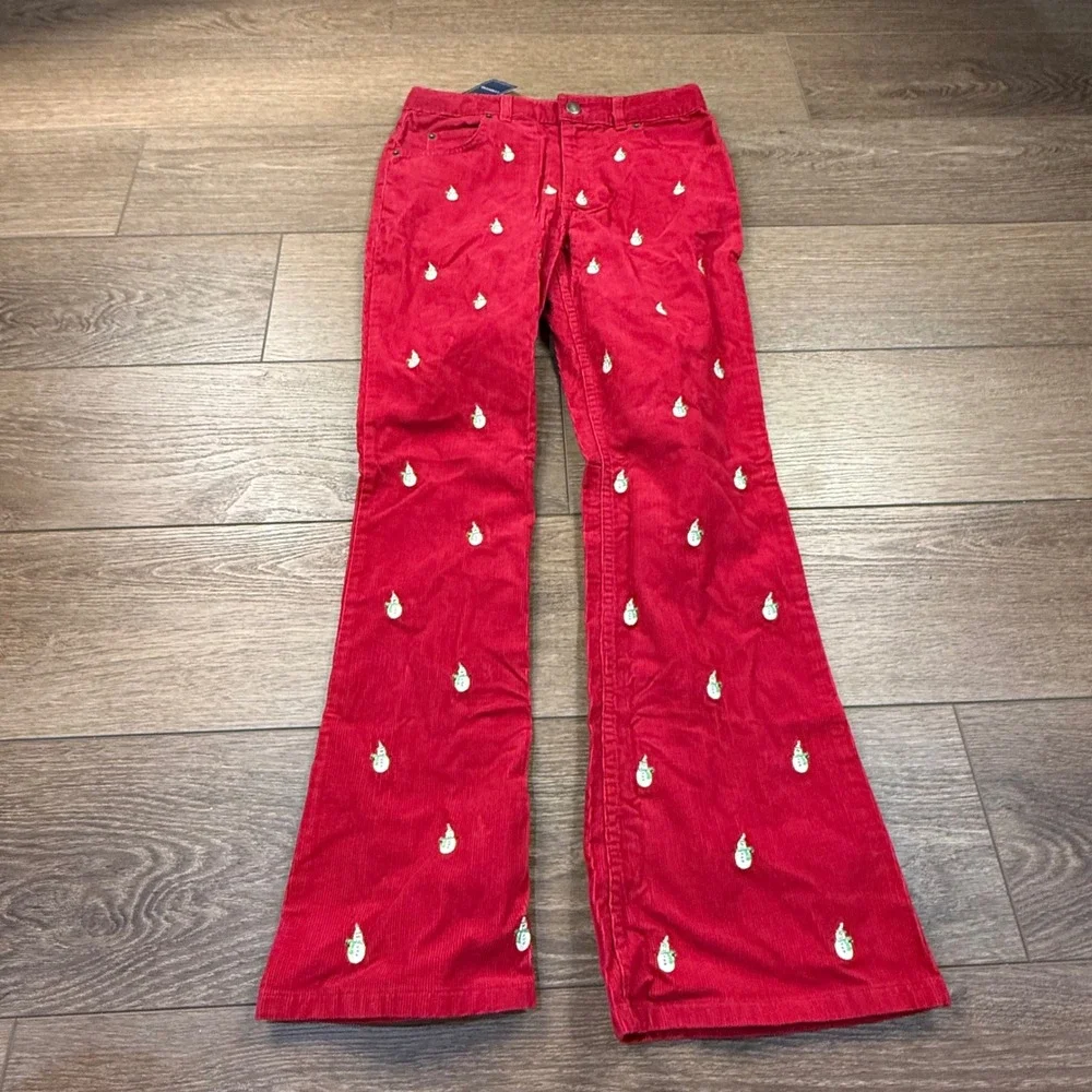 Lands End Girls Snowman Embroidered Red Corduroy Pants NWT Size 14 Holiday