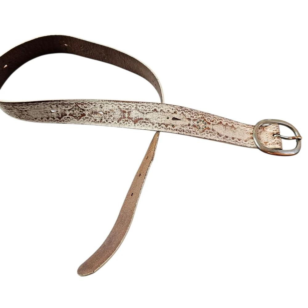 Vintage Old Navy Genuine Leather Belt Rustic White Western Boho Silver Buckle