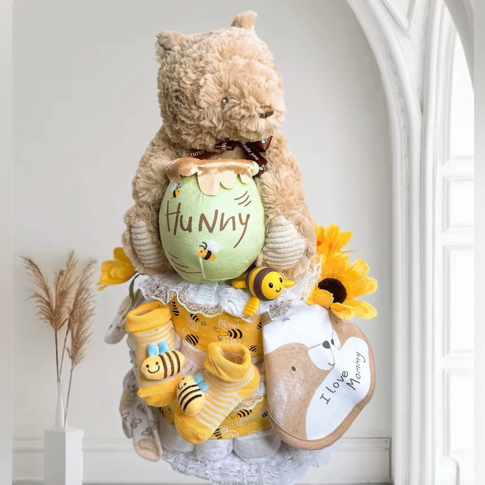 Hunny Bear Bee Diaper Cake with Sunflower Accents, Baby Shower Gift