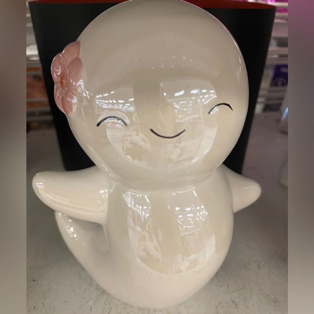 Pink Halloween Ghost Girl w/Pink Flower Ceramic  Figure Holiday Decor NWT
