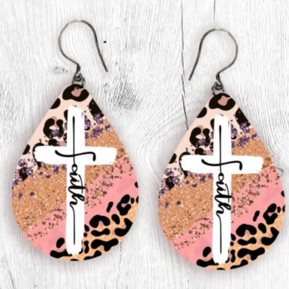 Leopard Print Faith Cross Earrings - Pink and Gold