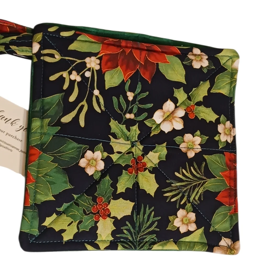 Gift Handmade Holiday Potholder Set Of 2 Floral Quilted Design - Red and Green