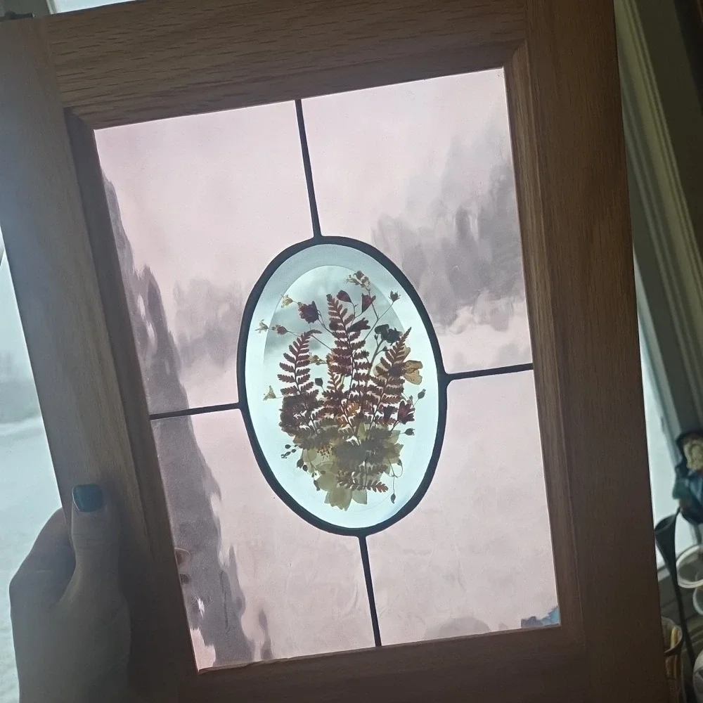 Oak Framed Stained Glass Artwork Dried Flowers Botanical Window Hanging