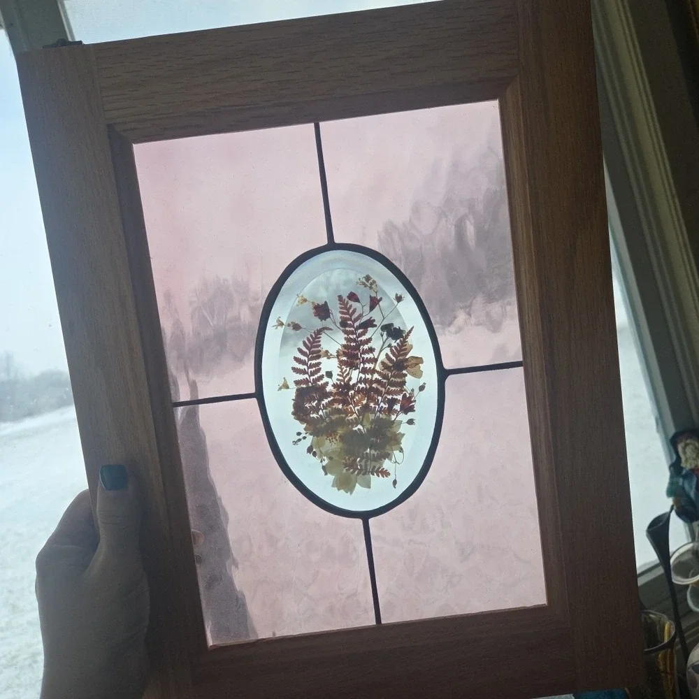 Oak Framed Stained Glass Artwork Dried Flowers Botanical Window Hanging