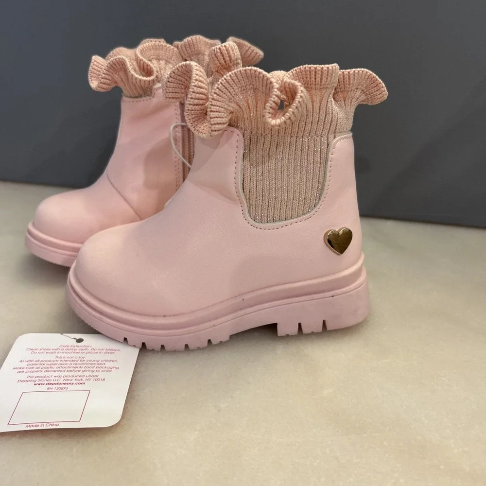 NEW Stepping Stones Girl Boots Pink Ruffled On Top Side Zip Size 5Y NWT
