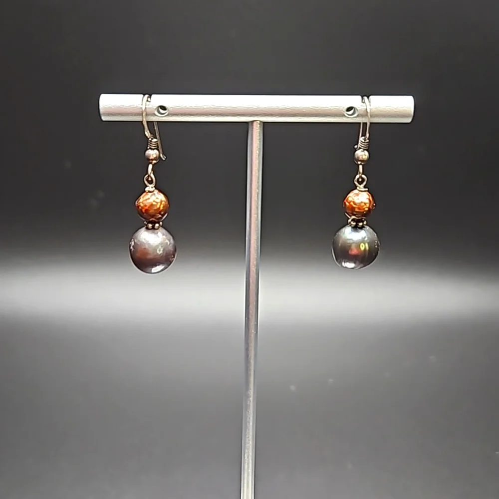 Vintage Sterling Silver Dangly Earrings Marked 925 With Bronze And Pewter Pearls
