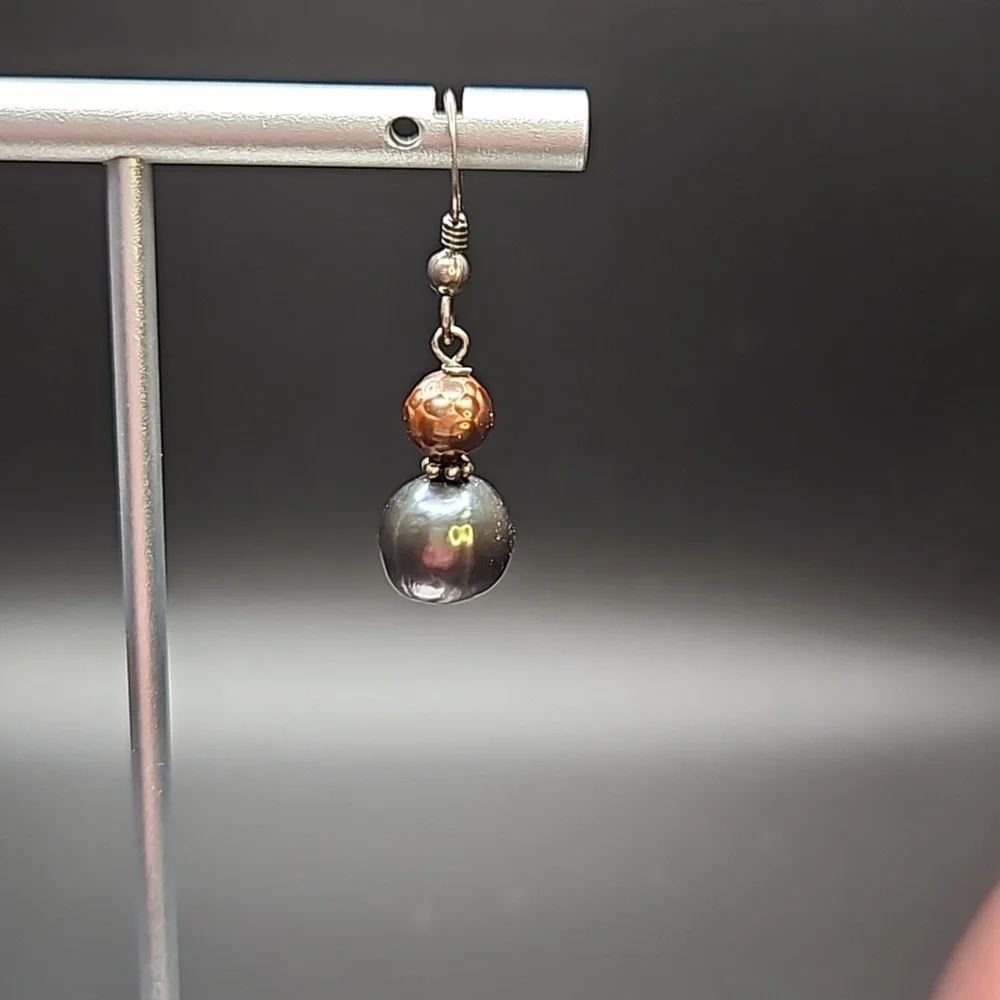 Vintage Sterling Silver Dangly Earrings Marked 925 With Bronze And Pewter Pearls