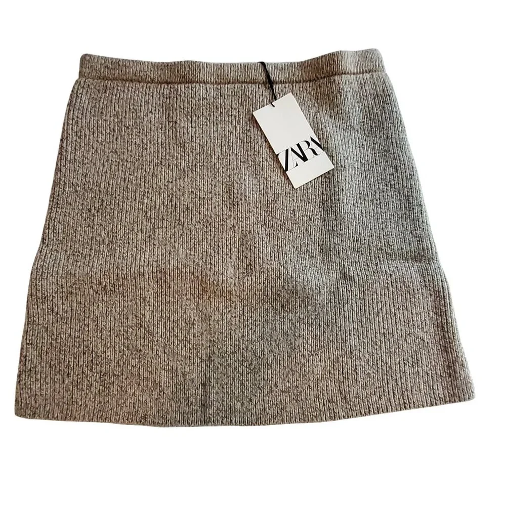 Zara Womens Wool-Blend Ribbed Mini Skirt Size Large Gray Beige New With Tags